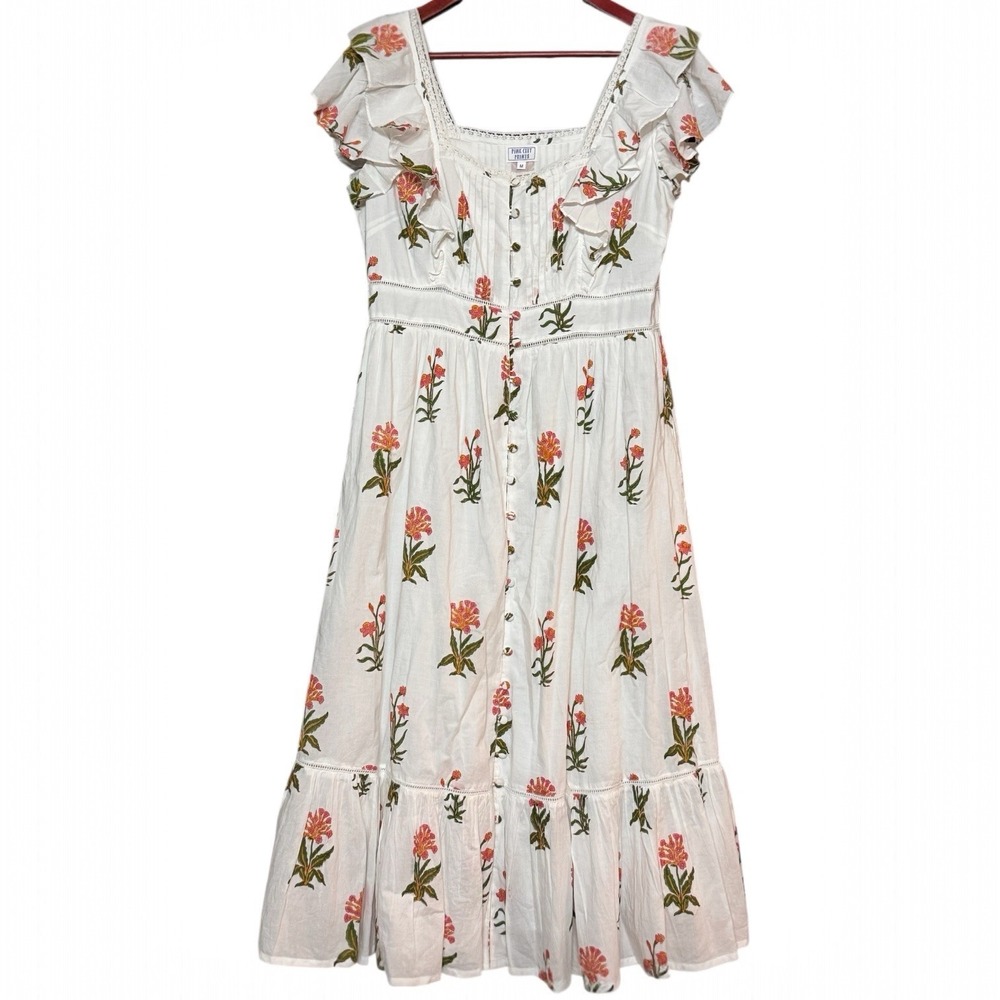 Pink City Prints Floral Cotton Midi Dress Medium Button Front Flutter Sleeve